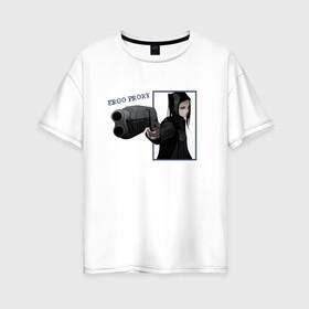 Женская футболка хлопок Oversize с принтом Риэл Мэйер (Эрго Прокси) в Санкт-Петербурге, 100% хлопок | свободный крой, круглый ворот, спущенный рукав, длина до линии бедер
 | ergo proxy | аниме | надпись | пистолет | риэл мэйер | черные волосы