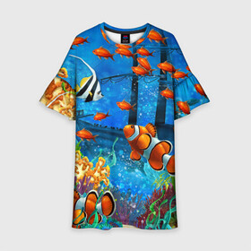 Детское платье 3D с принтом На глубине Рыбки Пляжная в Санкт-Петербурге, 100% полиэстер | прямой силуэт, чуть расширенный к низу. Круглая горловина, на рукавах — воланы | море | мультяшки | океан | пляжная | рыба | рыбки | рыбы