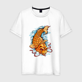 Мужская футболка хлопок с принтом Рыбка Кои в Санкт-Петербурге, 100% хлопок | прямой крой, круглый вырез горловины, длина до линии бедер, слегка спущенное плечо. | fish | water | вода | карп | карпы | кои | море | морское | рыба | цветы | японские