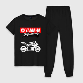 Женская пижама хлопок с принтом YAMAHA ЯМАХА RACING в Санкт-Петербурге, 100% хлопок | брюки и футболка прямого кроя, без карманов, на брюках мягкая резинка на поясе и по низу штанин | motorcycle | yamaha | yzf r6. | байк | байкер | мотоспорт | мототехника | мотоцикл | мотоциклист | скутер | ямаха
