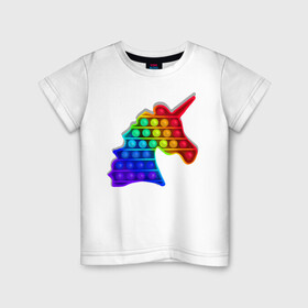 Детская футболка хлопок с принтом Единорог, поп-ит, симпл-димпл в Санкт-Петербурге, 100% хлопок | круглый вырез горловины, полуприлегающий силуэт, длина до линии бедер | Тематика изображения на принте: pop it | rainbow | unicorn | единорог | поп ит | радуга | симпл димпл