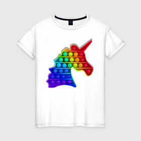 Женская футболка хлопок с принтом Единорог, поп-ит, симпл-димпл в Санкт-Петербурге, 100% хлопок | прямой крой, круглый вырез горловины, длина до линии бедер, слегка спущенное плечо | pop it | rainbow | unicorn | единорог | поп ит | радуга | симпл димпл