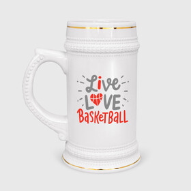 Кружка пивная с принтом Live Love Basketball в Санкт-Петербурге,  керамика (Материал выдерживает высокую температуру, стоит избегать резкого перепада температур) |  объем 630 мл | basketball | game | live | love | nba | sport | streetball | баскетбол | баскетболист | игра | игрок | мяч | нба | спорт | стритбол | тренер