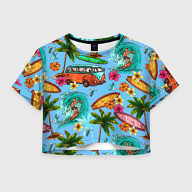 Женская футболка Crop-top 3D с принтом Пальмы волны серфинг в Санкт-Петербурге, 100% полиэстер | круглая горловина, длина футболки до линии талии, рукава с отворотами | beach | club | palm | party | sea | summer | tropical | волна | волны | жара | летние | лето | море | очки | пальмы | пляж | серф | серфинг | тропический