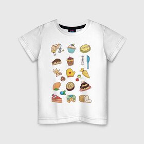 Детская футболка хлопок с принтом Кулинарные моменты в Санкт-Петербурге, 100% хлопок | круглый вырез горловины, полуприлегающий силуэт, длина до линии бедер | Тематика изображения на принте: вишня | еда | кексик | миксер | пироженое | торт