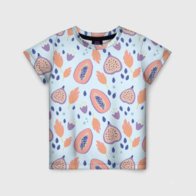 Детская футболка 3D с принтом Папайя в Санкт-Петербурге, 100% гипоаллергенный полиэфир | прямой крой, круглый вырез горловины, длина до линии бедер, чуть спущенное плечо, ткань немного тянется | Тематика изображения на принте: papaya | морская | папайя | паттерн | с папаем | фрукт