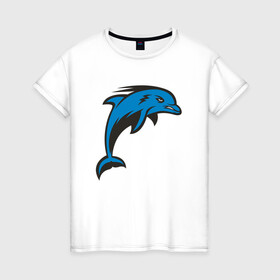 Женская футболка хлопок с принтом Злой дельфин в Санкт-Петербурге, 100% хлопок | прямой крой, круглый вырез горловины, длина до линии бедер, слегка спущенное плечо | dolphin | дельфин | дельфины | море | морские | на голубом | с дельфином