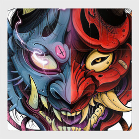 Магнитный плакат 3Х3 с принтом Два лица в Санкт-Петербурге, Полимерный материал с магнитным слоем | 9 деталей размером 9*9 см | Тематика изображения на принте: арт | воин | двойная маска | демон | ёкай | китай | лицо | лицо демона | маска | рисунок | рога | самурай | япония