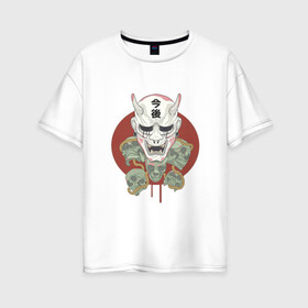 Женская футболка хлопок Oversize с принтом Собиратель душ в Санкт-Петербурге, 100% хлопок | свободный крой, круглый ворот, спущенный рукав, длина до линии бедер
 | арт | воин | демон | ёкай | иероглиф | иероглифы | китай | кровь | маска | рисунок | рога | самурай | солнце | череп | черепа | япония