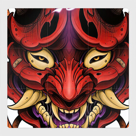 Магнитный плакат 3Х3 с принтом Маска демона в Санкт-Петербурге, Полимерный материал с магнитным слоем | 9 деталей размером 9*9 см | Тематика изображения на принте: арт | воин | демон | ёкай | зубы | иероглиф | иероглифы | китай | клыки | маска | маска демона | рисунок | рога | самурай | япония