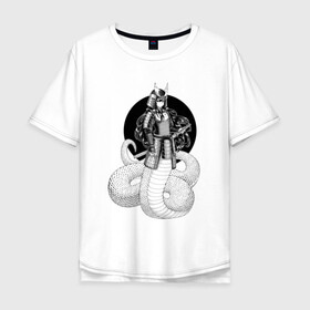 Мужская футболка хлопок Oversize с принтом Самурай наги в Санкт-Петербурге, 100% хлопок | свободный крой, круглый ворот, “спинка” длиннее передней части | арт | воин | демон | ёкай | змея | китай | манга | маска | мистическое существо | наги | рисунок | рога | самурай | чешуя | япония