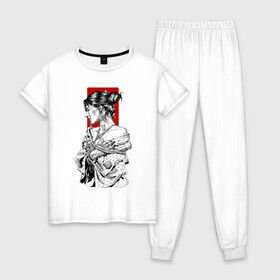 Женская пижама хлопок с принтом Шибари в Санкт-Петербурге, 100% хлопок | брюки и футболка прямого кроя, без карманов, на брюках мягкая резинка на поясе и по низу штанин | арт | верёвка | девушка | кимано | рисунок | связывание | черно белый | чёрно белый рисунок | шибаре