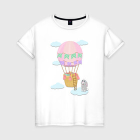 Женская футболка хлопок с принтом кролик и воздушный шар в Санкт-Петербурге, 100% хлопок | прямой крой, круглый вырез горловины, длина до линии бедер, слегка спущенное плечо | воздушный шар | детская иллюстрация | зайчик | зеленый | коробка | кролик | небо | облако | подарки | розовый | сюрприз