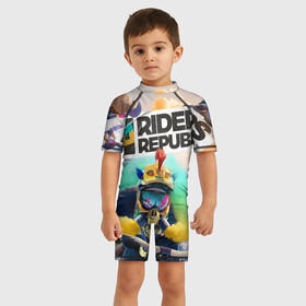 Детский купальный костюм 3D с принтом Riders Republic в Санкт-Петербурге, Полиэстер 85%, Спандекс 15% | застежка на молнии на спине | gamer | games | open world | rider | ubisoft