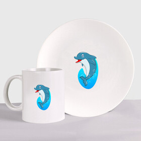 Набор: тарелка + кружка с принтом Дельфин в Санкт-Петербурге, керамика | Кружка: объем — 330 мл, диаметр — 80 мм. Принт наносится на бока кружки, можно сделать два разных изображения. 
Тарелка: диаметр - 210 мм, диаметр для нанесения принта - 120 мм. | Тематика изображения на принте: dolphin | дельфин | дельфины | море | морские | на голубом | с дельфином