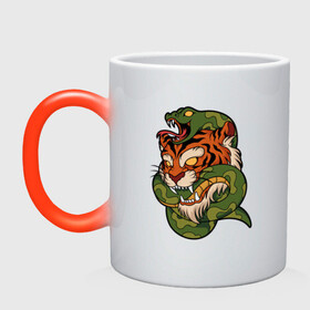 Кружка хамелеон с принтом Тигр кусает змею в Санкт-Петербурге, керамика | меняет цвет при нагревании, емкость 330 мл | битва | змея | кобра | тигр | хищники | яд