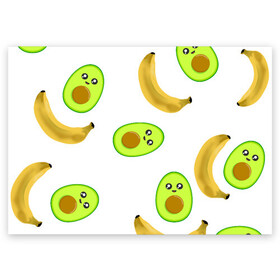 Поздравительная открытка с принтом Банан и Авокадо в Санкт-Петербурге, 100% бумага | плотность бумаги 280 г/м2, матовая, на обратной стороне линовка и место для марки
 | авокадо | банан | витамины | вкусный | глаза | деликатес | десерт | диета | еда | жёлтый | кожура | косточка | лицо | меню | модный | мякоть | плод | прикол | рот | сладкий | смешной | смузи | сочный