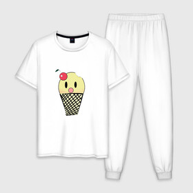 Мужская пижама хлопок с принтом  Мороженое Ice-cream в Санкт-Петербурге, 100% хлопок | брюки и футболка прямого кроя, без карманов, на брюках мягкая резинка на поясе и по низу штанин
 | вишня | мороженное | стаканчик | стоит | удивленное