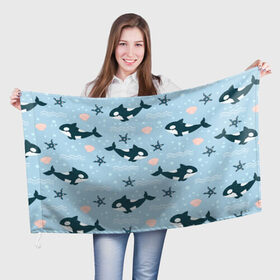Флаг 3D с принтом Косатки киты в Санкт-Петербурге, 100% полиэстер | плотность ткани — 95 г/м2, размер — 67 х 109 см. Принт наносится с одной стороны | whale | касатка | кит | киты | косатка | косатки | морские | паттерн