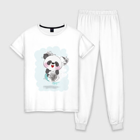 Женская пижама хлопок с принтом Панда в Санкт-Петербурге, 100% хлопок | брюки и футболка прямого кроя, без карманов, на брюках мягкая резинка на поясе и по низу штанин | веселая | летний принт | панда | улыбка | хорошее настроение