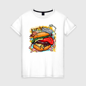 Женская футболка хлопок с принтом Hey, Burger!  в Санкт-Петербурге, 100% хлопок | прямой крой, круглый вырез горловины, длина до линии бедер, слегка спущенное плечо | burger | вредная еда | гамбургер | иллюстрация | напиток