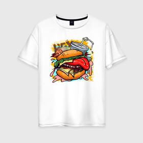 Женская футболка хлопок Oversize с принтом Hey, Burger!  в Санкт-Петербурге, 100% хлопок | свободный крой, круглый ворот, спущенный рукав, длина до линии бедер
 | burger | вредная еда | гамбургер | иллюстрация | напиток