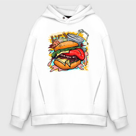 Мужское худи Oversize хлопок с принтом Hey, Burger!  в Санкт-Петербурге, френч-терри — 70% хлопок, 30% полиэстер. Мягкий теплый начес внутри —100% хлопок | боковые карманы, эластичные манжеты и нижняя кромка, капюшон на магнитной кнопке | burger | вредная еда | гамбургер | иллюстрация | напиток