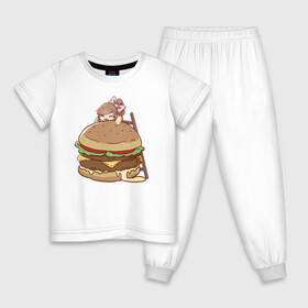 Детская пижама хлопок с принтом Anime Burger в Санкт-Петербурге, 100% хлопок |  брюки и футболка прямого кроя, без карманов, на брюках мягкая резинка на поясе и по низу штанин
 | аниме | бургер | гамбургер | девушка | иллюстрация