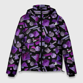 Мужская зимняя куртка 3D с принтом Геометрический фиолетовый в Санкт-Петербурге, верх — 100% полиэстер; подкладка — 100% полиэстер; утеплитель — 100% полиэстер | длина ниже бедра, свободный силуэт Оверсайз. Есть воротник-стойка, отстегивающийся капюшон и ветрозащитная планка. 

Боковые карманы с листочкой на кнопках и внутренний карман на молнии. | Тематика изображения на принте: abstraction | black | dark | geometric | violet | абстракция | геометрический | геометрия | квадрат | круг | линии | темный | треугольник | фиолетовый | черный