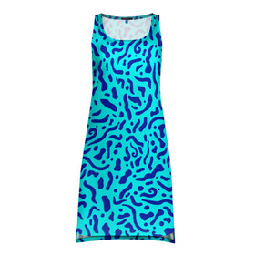 Платье-майка 3D с принтом Неоновые синие узоры в Санкт-Петербурге, 100% полиэстер | полуприлегающий силуэт, широкие бретели, круглый вырез горловины, удлиненный подол сзади. | abstract | blue | neon | sea | абстракционизм | абстракция | африканские | вода | волны | голубые узоры | камуфляж | лагуна | линии | мелкий узор | мемфис | море | морское | неоновый | орнамент | пятна | пятнистый