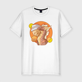 Мужская футболка хлопок Slim с принтом Кофейный дракон в Санкт-Петербурге, 92% хлопок, 8% лайкра | приталенный силуэт, круглый вырез ворота, длина до линии бедра, короткий рукав | дракон | дракон с кофе | коричневый | кофе | оранжевый