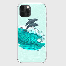 Чехол для iPhone 12 Pro с принтом Два дельфина в Санкт-Петербурге, силикон | область печати: задняя сторона чехла, без боковых панелей | dolphin | волна | два дельфина | дельфин | дельфины | море | морские | на голубом | с дельфином