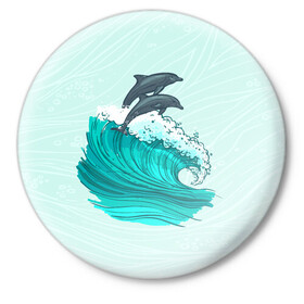 Значок с принтом Два дельфина в Санкт-Петербурге,  металл | круглая форма, металлическая застежка в виде булавки | dolphin | волна | два дельфина | дельфин | дельфины | море | морские | на голубом | с дельфином