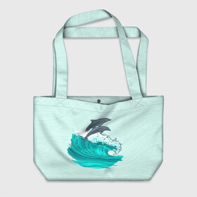 Пляжная сумка 3D с принтом Два дельфина в Санкт-Петербурге, 100% полиэстер | застегивается на металлическую кнопку; внутренний карман застегивается на молнию. Стенки укреплены специальным мягким материалом, чтобы защитить содержимое от несильных ударов
 | dolphin | волна | два дельфина | дельфин | дельфины | море | морские | на голубом | с дельфином