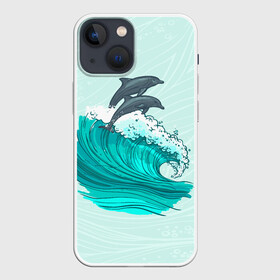 Чехол для iPhone 13 mini с принтом Два дельфина в Санкт-Петербурге,  |  | dolphin | волна | два дельфина | дельфин | дельфины | море | морские | на голубом | с дельфином