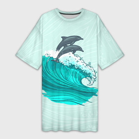 Платье-футболка 3D с принтом Два дельфина в Санкт-Петербурге,  |  | dolphin | волна | два дельфина | дельфин | дельфины | море | морские | на голубом | с дельфином
