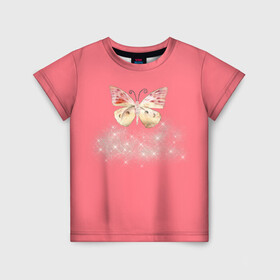 Детская футболка 3D с принтом Блестящая бабочка в Санкт-Петербурге, 100% гипоаллергенный полиэфир | прямой крой, круглый вырез горловины, длина до линии бедер, чуть спущенное плечо, ткань немного тянется | insects | pink girls | бабочка | блёстки | опыление | пыльца | розовое