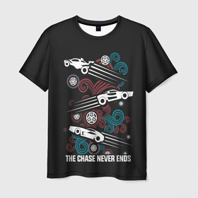 Мужская футболка 3D с принтом The chase never ends в Санкт-Петербурге, 100% полиэфир | прямой крой, круглый вырез горловины, длина до линии бедер | game | games | race | гонка | гоночка | игра | игры | лига ракет | машинки | рокет лига | футбол