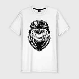 Мужская футболка хлопок Slim с принтом  Angry bear в Санкт-Петербурге, 92% хлопок, 8% лайкра | приталенный силуэт, круглый вырез ворота, длина до линии бедра, короткий рукав | животное | злой медведь | каска | медведь | очки | шлем | шляпа