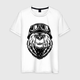 Мужская футболка хлопок с принтом  Angry bear в Санкт-Петербурге, 100% хлопок | прямой крой, круглый вырез горловины, длина до линии бедер, слегка спущенное плечо. | животное | злой медведь | каска | медведь | очки | шлем | шляпа