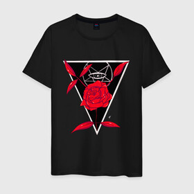 Мужская футболка хлопок с принтом Rose And eye в Санкт-Петербурге, 100% хлопок | прямой крой, круглый вырез горловины, длина до линии бедер, слегка спущенное плечо. | геометрия | глаз | красная | красный | пентаграмма | роза | треугольник