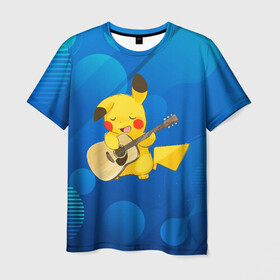 Мужская футболка 3D с принтом Пикачу с гитарой в Санкт-Петербурге, 100% полиэфир | прямой крой, круглый вырез горловины, длина до линии бедер | anime | picachu | pikachu | аниме | милый | пика | пикачу | покебол | покемон