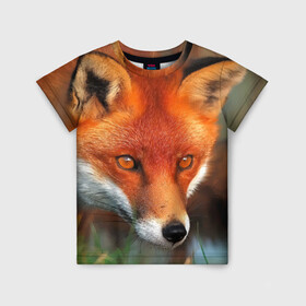 Детская футболка 3D с принтом Лисица охотница в Санкт-Петербурге, 100% гипоаллергенный полиэфир | прямой крой, круглый вырез горловины, длина до линии бедер, чуть спущенное плечо, ткань немного тянется | fox | foxy | животное | звери | лиса | лисенок | лисичка | милая | рыжая | фокс