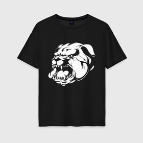 Женская футболка хлопок Oversize с принтом Бульдог белый на черном в Санкт-Петербурге, 100% хлопок | свободный крой, круглый ворот, спущенный рукав, длина до линии бедер
 | Тематика изображения на принте: dog | бульдог | животные | пес | природа | собака | собаки | собакчка | собачки