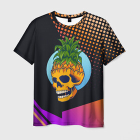 Мужская футболка 3D с принтом Череп - ананас в Санкт-Петербурге, 100% полиэфир | прямой крой, круглый вырез горловины, длина до линии бедер | Тематика изображения на принте: ананас | прикол | прикольные | фрукт | череп