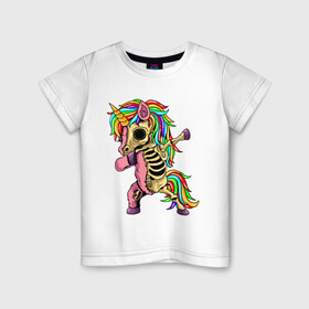 Детская футболка хлопок с принтом Единорог зомби dab в Санкт-Петербурге, 100% хлопок | круглый вырез горловины, полуприлегающий силуэт, длина до линии бедер | cute | dab | funny | pony | rainbow | unicorn | zombie | единорог | единорожка | зомби | милый | пони | радуга
