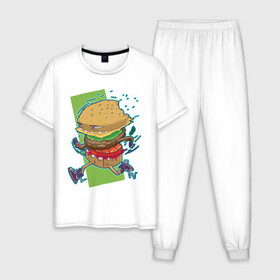 Мужская пижама хлопок с принтом Fast Food в Санкт-Петербурге, 100% хлопок | брюки и футболка прямого кроя, без карманов, на брюках мягкая резинка на поясе и по низу штанин
 | Тематика изображения на принте: art | burger | cheese | cutlet | fast food | food | hamburger | salad | sandwich | арт | бургер | бутерброд | гамбургер | еда | котлета | салат | сыр | фаст фуд