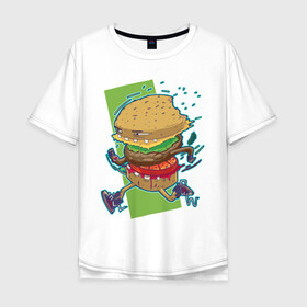 Мужская футболка хлопок Oversize с принтом Fast Food в Санкт-Петербурге, 100% хлопок | свободный крой, круглый ворот, “спинка” длиннее передней части | Тематика изображения на принте: art | burger | cheese | cutlet | fast food | food | hamburger | salad | sandwich | арт | бургер | бутерброд | гамбургер | еда | котлета | салат | сыр | фаст фуд