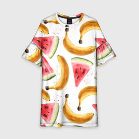 Детское платье 3D с принтом Летний фреш арбуз банан в Санкт-Петербурге, 100% полиэстер | прямой силуэт, чуть расширенный к низу. Круглая горловина, на рукавах — воланы | Тематика изображения на принте: арбуз | арбузы | банан | бананы | летний | лето | фреш | фрукты