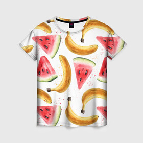 Женская футболка 3D с принтом Летний фреш арбуз банан в Санкт-Петербурге, 100% полиэфир ( синтетическое хлопкоподобное полотно) | прямой крой, круглый вырез горловины, длина до линии бедер | арбуз | арбузы | банан | бананы | летний | лето | фреш | фрукты